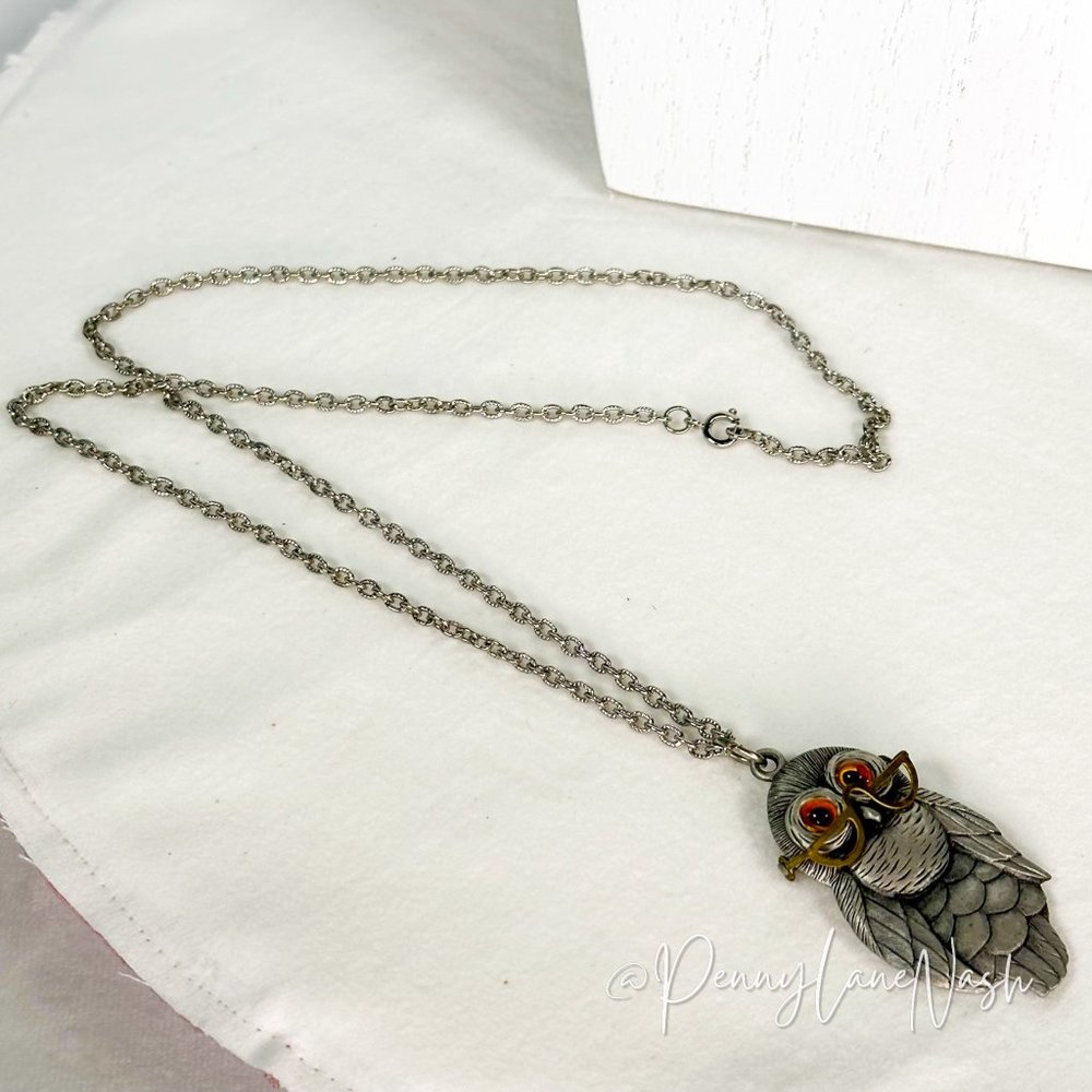 Vintage Large Owl w Glasses & Bead Eyes Pendant Necklace - Picture 4 of 5